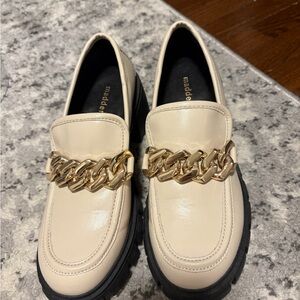 Madden Girl Cream Loafers with Gold Chain Accent
